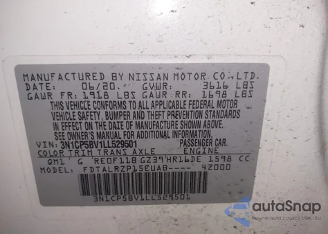 2020 Nissan Kicks S Xtronic Cvt из США, поврежденный, VIN 3N1CP5BV1LL529501